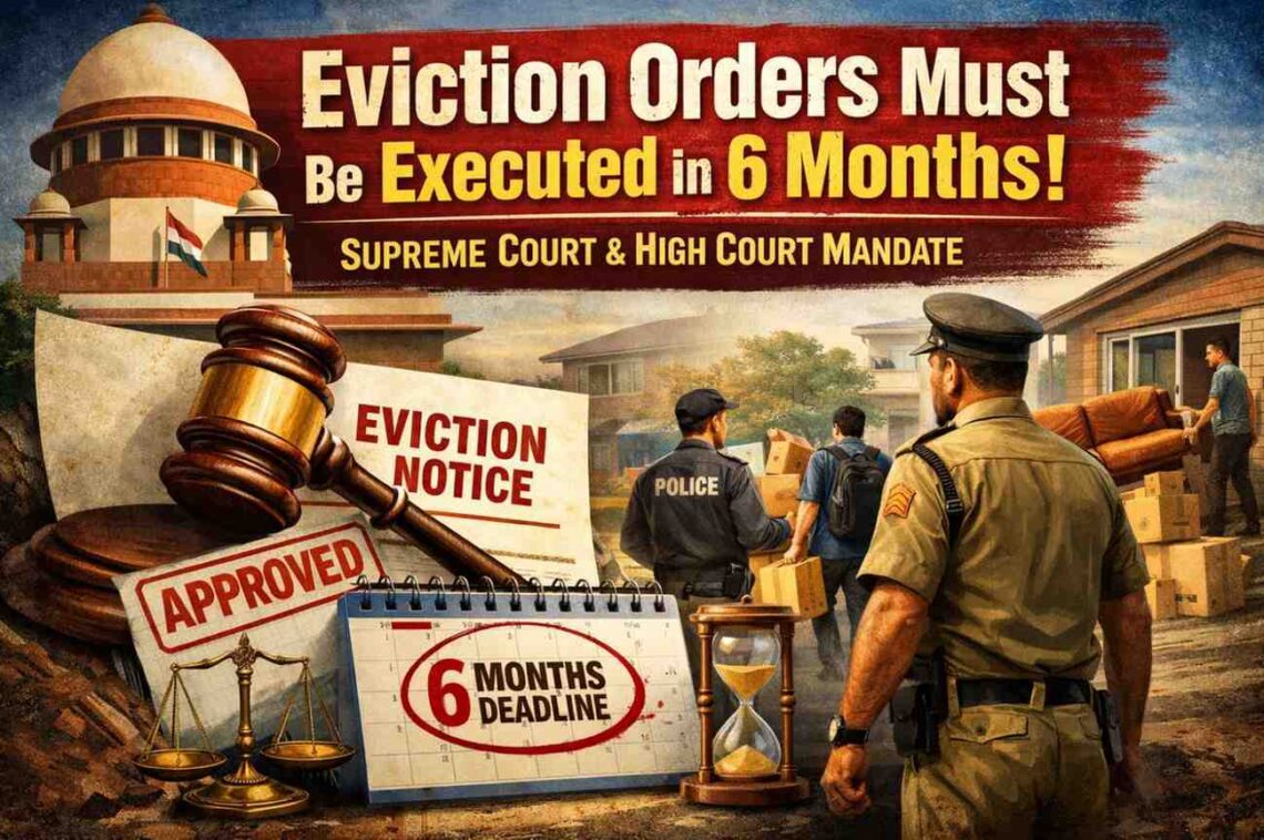 Illustration showing Supreme Court of India, judge’s gavel, eviction notice, police-assisted eviction, and a highlighted 6-month deadline, representing the mandate that eviction decrees must be executed within six months.