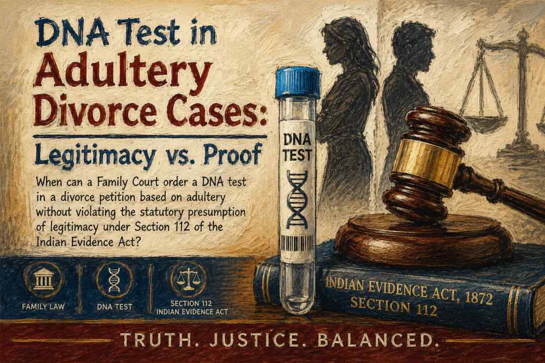 Oil painting style legal illustration showing a DNA test tube, judge’s gavel, separated couple silhouettes, and Section 112 of the Indian Evidence Act in the context of adultery divorce cases.
