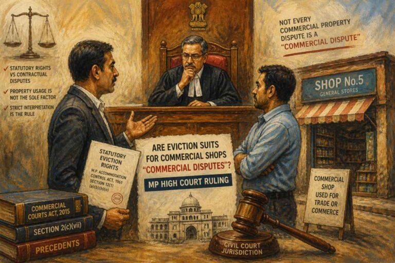 Oil painting of an Indian courtroom scene showing a landlord and tenant disputing over a commercial shop before a judge, symbolizing legal interpretation of eviction and commercial disputes.